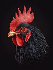Giant Black Rooster with Shiny Feathers in Hyper Realism
