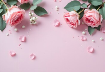 Fototapeta premium Pink Roses and Petals Arranged on a Pastel Pink Background