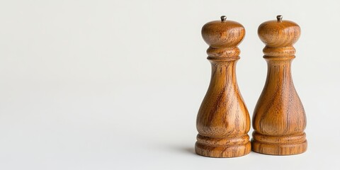 Classic wooden salt and pepper shakers in soft warm brown hues positioned close together on the right side of a light beige backdrop with ample copy space