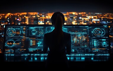 Woman monitoring city data on large screen.