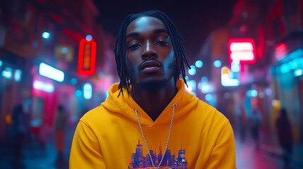 Obraz premium Young man in yellow hoodie at night.