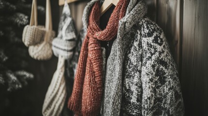 A cozy winter jacket hanging on a wooden rack, surrounded by winter accessories like scarves and gloves.
