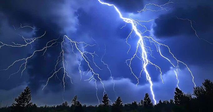 Night storm lightning strikes forest