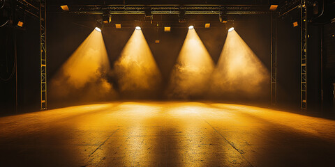 Empty stage illuminated by four spotlights creating a dramatic atmosphere with orange lighting and visible haze in a dark theatrical setting.