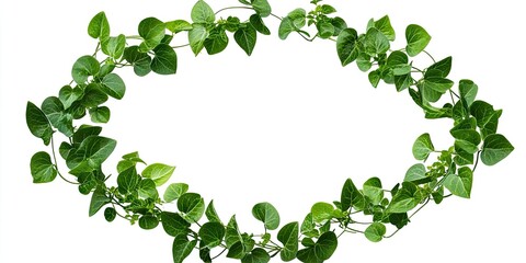 Creeper plant foliage circular frame with vibrant green leaves on a white background arranged in an oval shape ideal for design and decoration.