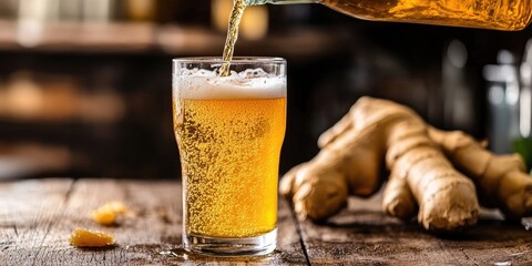 Ginger beer fizzing in a tall glass with golden tones on a rustic wooden table, fresh ginger root and candied ginger in the background