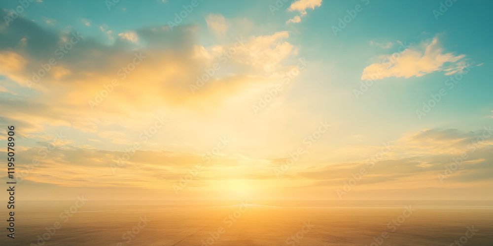 Sticker Golden Hour Horizon: A breathtaking panoramic view of a vibrant sunset, where the sun dips below the horizon, painting the sky with warm hues of gold, orange, and soft turquoise.