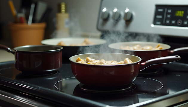  “Electric stove with pots and steam” - Image of pots on the stove, with steam rising up to convey the feeling of cooking.