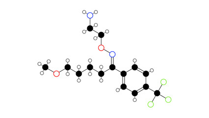 fluvoxamine molecule, structural chemical formula, ball-and-stick model, isolated image antidepressant