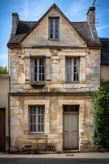 Charming rustic stone facade of a vintage french townhouse, architectural detail, old world charm