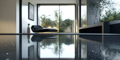Fototapeta premium Reflective Tranquility: Modern Interior Design with Chaise Lounge and Infinity Pool Reflection. A sleek black chaise lounge rests near large glass doors opening to a garden.