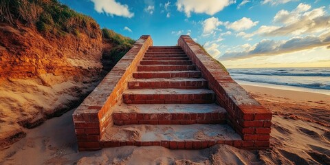 Brick steps leading to a sandy beach under a blue sky with clouds, sunlit warm tones, vertical view highlighting the texture and warmth of bricks.