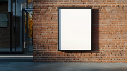 Blank poster mockup on brick wall: sunlight drenched dispensary exterior