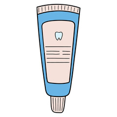Hand drawn cartoon blue tube of toothpaste on white background.
