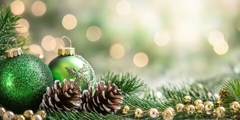 Festive Christmas decorations with green ornaments pine cones and golden beads arranged on greenery with a soft blurred background in warm tones