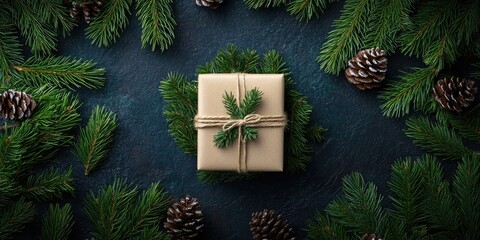 Topdown view of a gift box wrapped in kraft paper surrounded by lush green conifer branches and pinecones on a dark rustic background