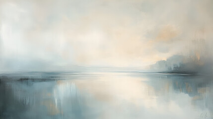 Fototapeta premium Serene Waterscape: An impressionistic landscape painting depicting a tranquil lake reflecting a soft, pastel sky at dawn or dusk. The subtle blend of blues, grays.