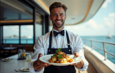 smiling waiter serves a delicious dish to a customer on a luxury yacht. The food is presented beautifully and the scene captures the essence of fine dining and travel.
