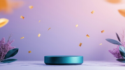 Teal podium with gold confetti and purple flowers. Festive and elegant product display.