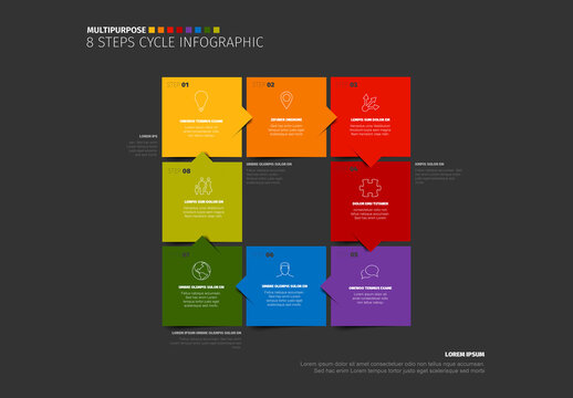 Colorful 8 Steps Cycle Infographic Template made from eight color square blocks on dark background