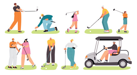 Cartoon golf players characters. People in various poses, children and adults hold clubs, hit ball in fields, rolling into hole, vector set