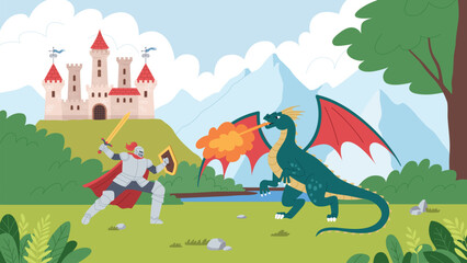 Cartoon knight and dragon. Fabulous battle scene, fire breathing snake, man in armor, ancient warrior, medieval legend, vector illustration