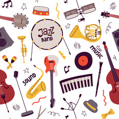 Cartoon jazz music instruments. Repeated live sound tools, guitar, drum, saxophone and banjo, funny color elements, vector seamless pattern