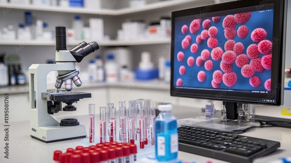 Aufkleber laboratory setting featuring microscopes, test tubes, and bacteria visuals on a monitor with essenti