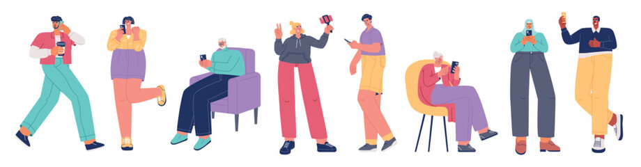 Cartoon people use mobile phones. Happy female and male characters, different smartphone functions, modern communication, vector set
