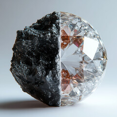 A striking sphere showcasing half raw black stone and half polished diamond, symbolizing transformation, contrast, and natural beauty.

