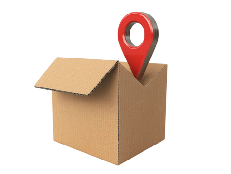 Isolated Red Map Pin on Open Cardboard Box