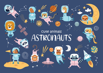 Cute animals in space. Cartoon fauna astronauts characters, funny lion, panda, zebra and raccoon in spacesuits, zero gravity, vector set
