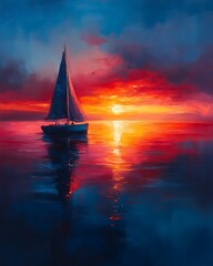 Sailboat at vibrant sunset, calm sea.