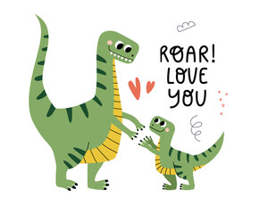 Cute baby dino with mom. Sweet dinosaur kid cuddling with parent, comic monsters, maternal love, care, son and mother, vector illustration