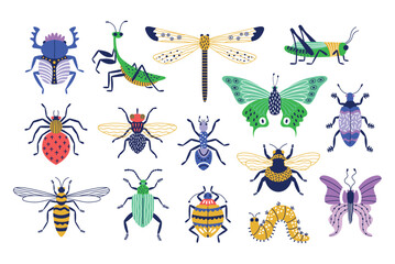 Cute colored bugs. Decorative trendy insects, funny little garden inhabitants, butterflies, beetles, caterpillars and mantises, vector set