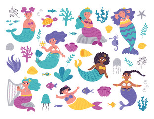 Cute little mermaids. Underwater princesses, fairytale girls with fish tails and shell bras, marine elements, cartoon characters, vector set