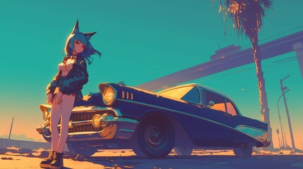 Stylish Woman with Cat Ears Beside a Classic Car at Sunset