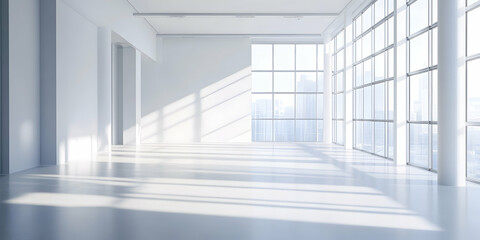 Fototapeta premium Sunlit Modern Gallery: Sunlight streams through expansive windows, illuminating a spacious, minimalist gallery with clean lines and polished floors. The atmosphere is bright, airy, and serene.