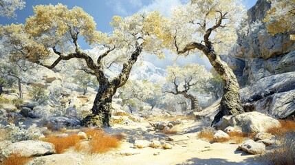 Fototapeta premium Vast desert landscape sparse trees and rocky formations under serene sky serene