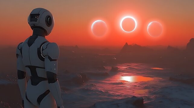 Robot observing triple sunset on alien planet.