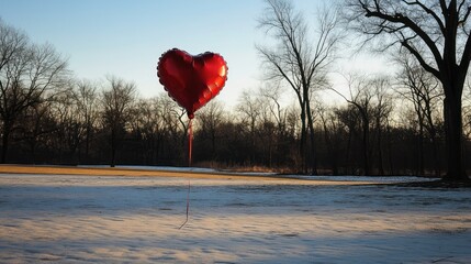 Red heart-shaped balloon floats above a snow-covered field at dusk with trees