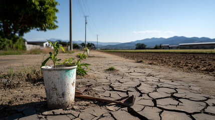 Fototapeta premium A barren farmland with dry crops, cracked soil, and abandoned farming tools under a cloudless sky.
