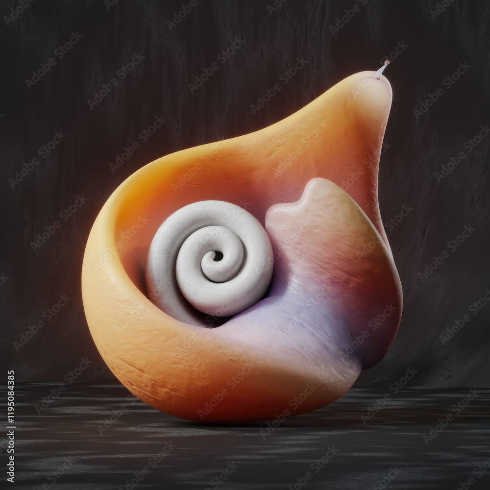 Poster abstract sculpture resembling a seashell with a spiral inside, rendered in warm, earthy tones.
