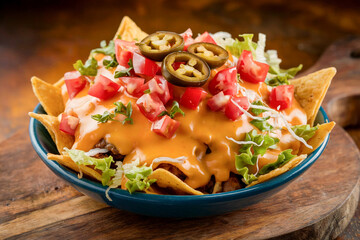tasty nachos with a spicy dripping cheese sauce,salsa, jalapeno and ground beef served on a plate, rustic wooden board, close up