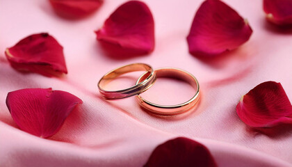 Beautiful romantic wedding rings on a pink silk background with rose petals