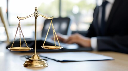 lawyer legal ethics. A golden scale of justice sits in the foreground, with a professional in a suit working on a laptop in the background, symbolizing law and legal practice.