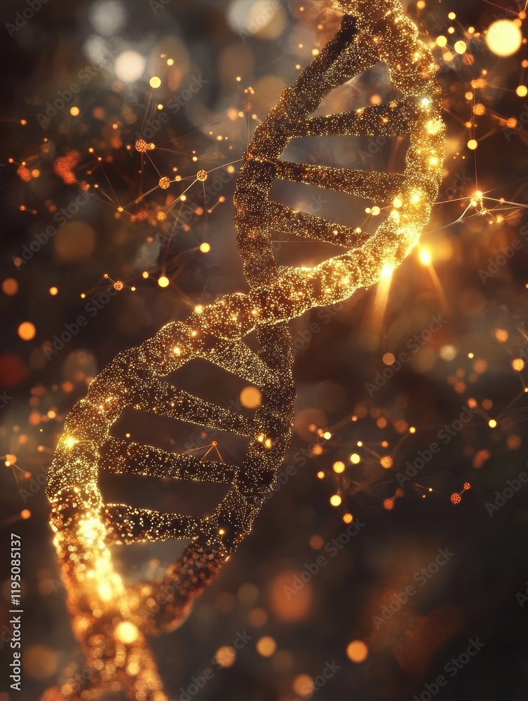Aufkleber Glowing DNA double helix illuminated by molecular connections and particles in a vibrant background. Generative AI