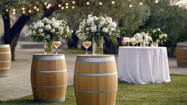 A charming outdoor cocktail area with string lights wooden barrels as tables and pastel signature drinks rare elegant spring wedding cocktail hour 
