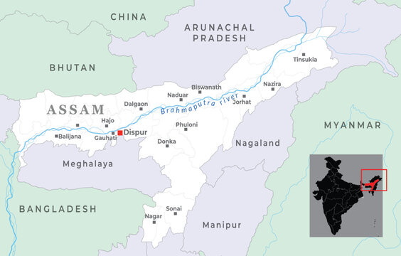 Assam map highlighting its geography, borders, districts, major cities, towns, natural landmarks, and capital Guwahati in Northeast India