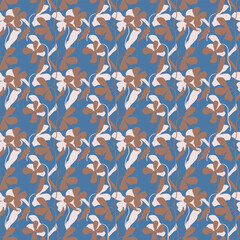 Trendy seamless pattern with brown and beige silhouettes of flowers on a blue background.Endless vector floral ornament for fabric, wrapping paper, wallpaper and other materials.
